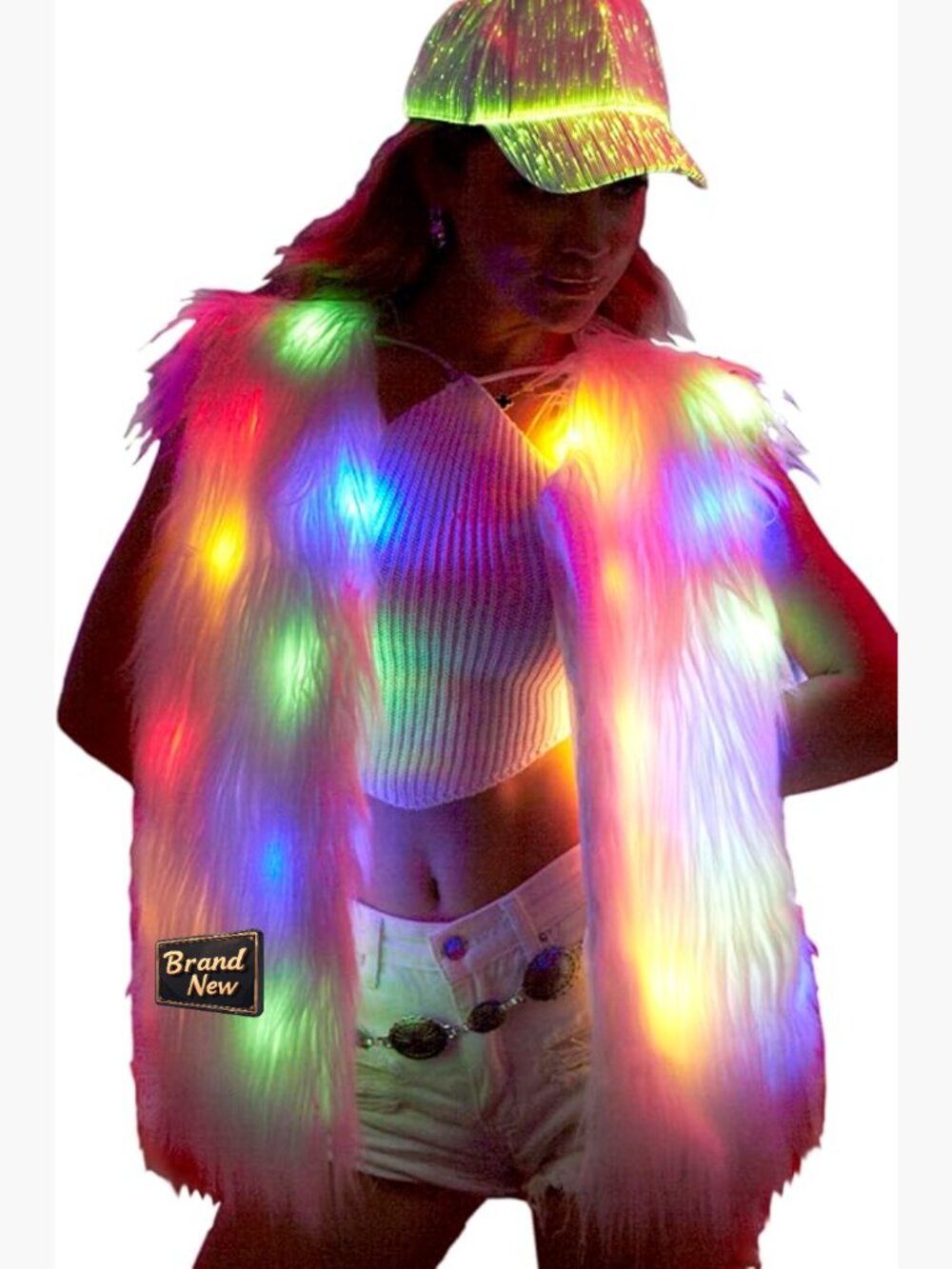 LED Light Up Faux Fur Vest Sleeveless Glowing Jacket for Rave Parties